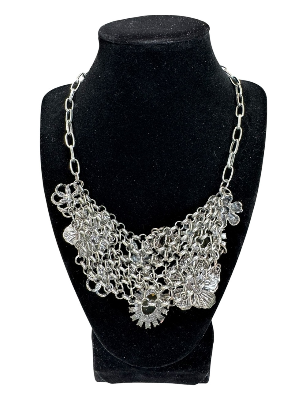 VTG Silver Tone Multi Stone Floral & Amber Gem Accents Statement Necklace - Picture 6 of 7